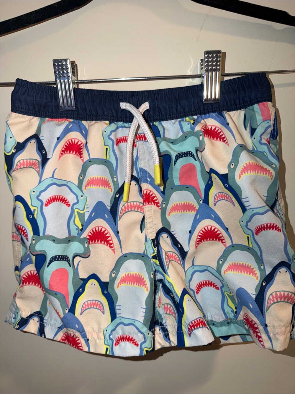 Mini Boden Navy & Multicolor Shark-Print Swim Trunks
